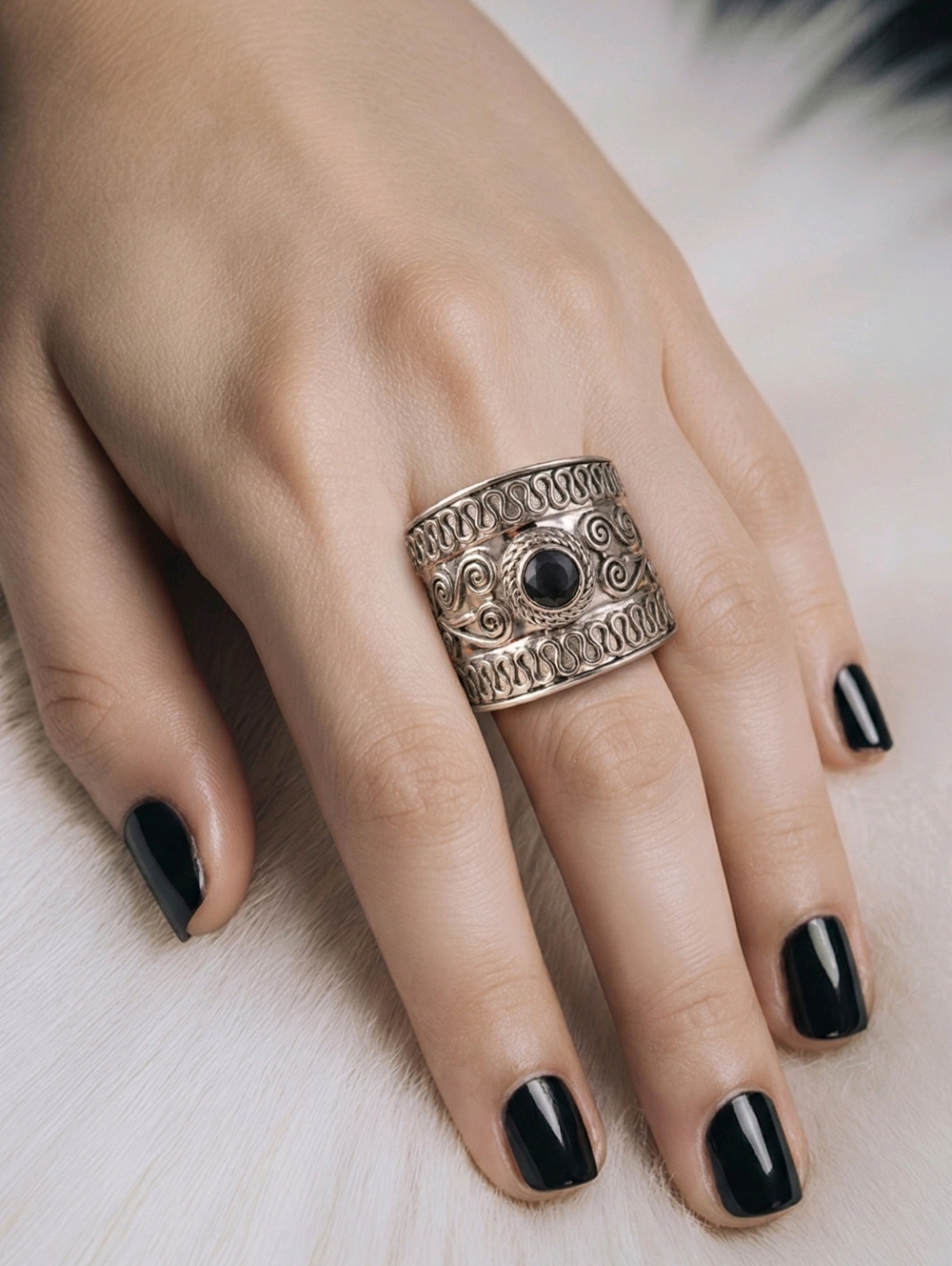 925 Sterling Silver Bali Swirl Black CZ Ring Women's Size 8 New